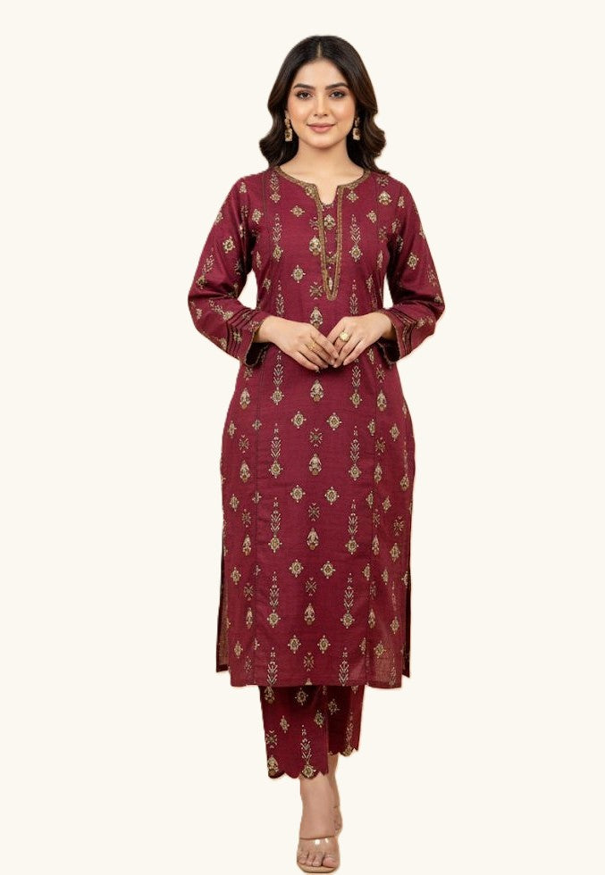 Radish Mahroon Floral Khaddar 2-Piece Suit