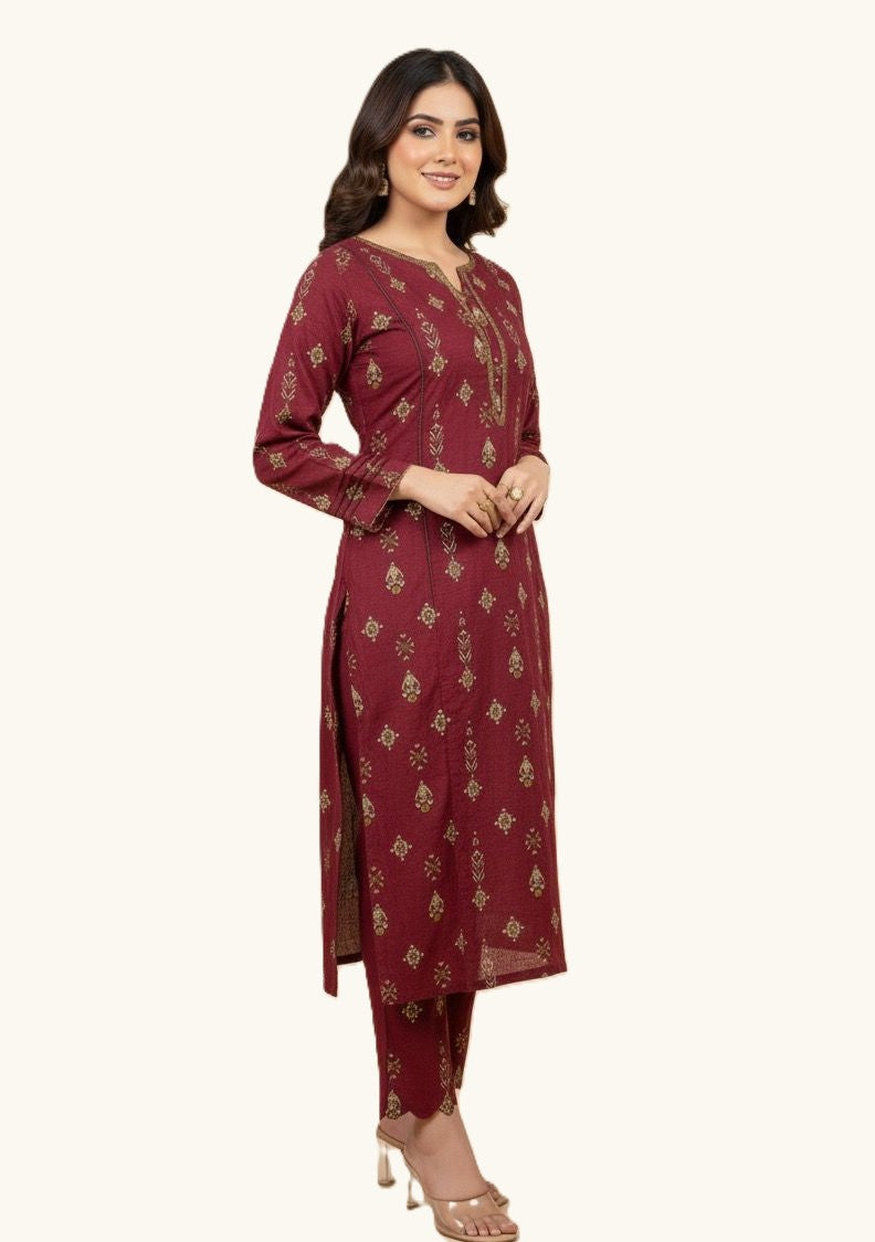 Radish Mahroon Floral Khaddar 2-Piece Suit